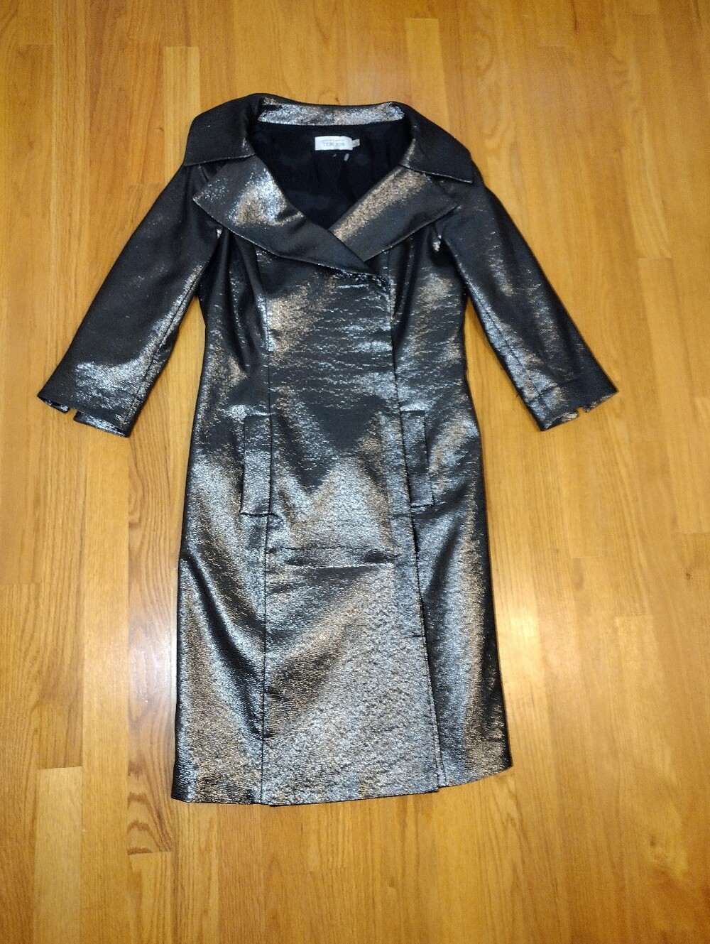 Rickie Freeman Teri Jon Black Metallic Shimmer Coat Dress Gown Size 8 Silver - Picture 3 of 6